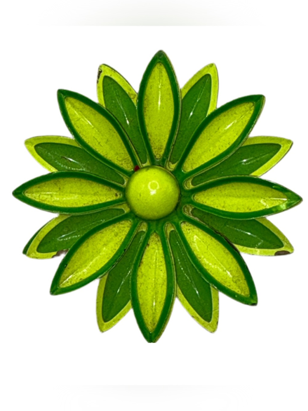 Vintage 1960’s Daisy Flower Brooch Bright Lime & Kelly Green 2.5" x 2.5"